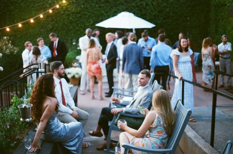 Guests mingling on the Bakery 105 patio
