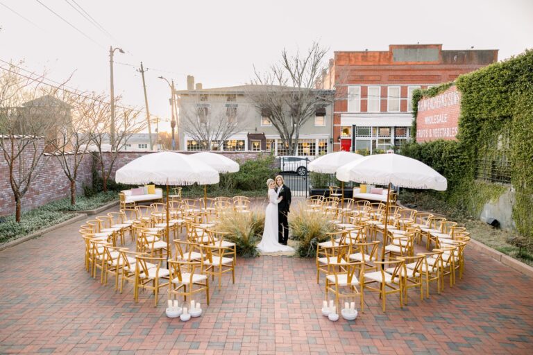 Spiral ceremony seating in the Bakery 105 brick courtyard