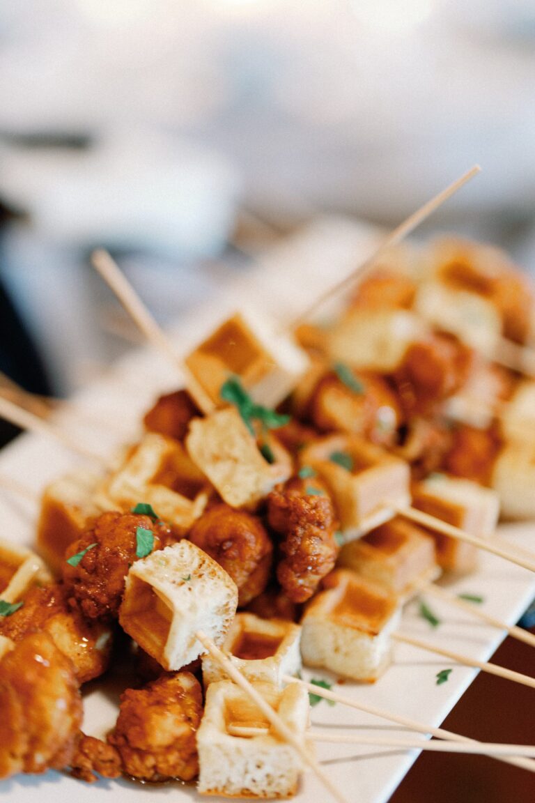 Chicken and waffle skewers by 128 South Catering