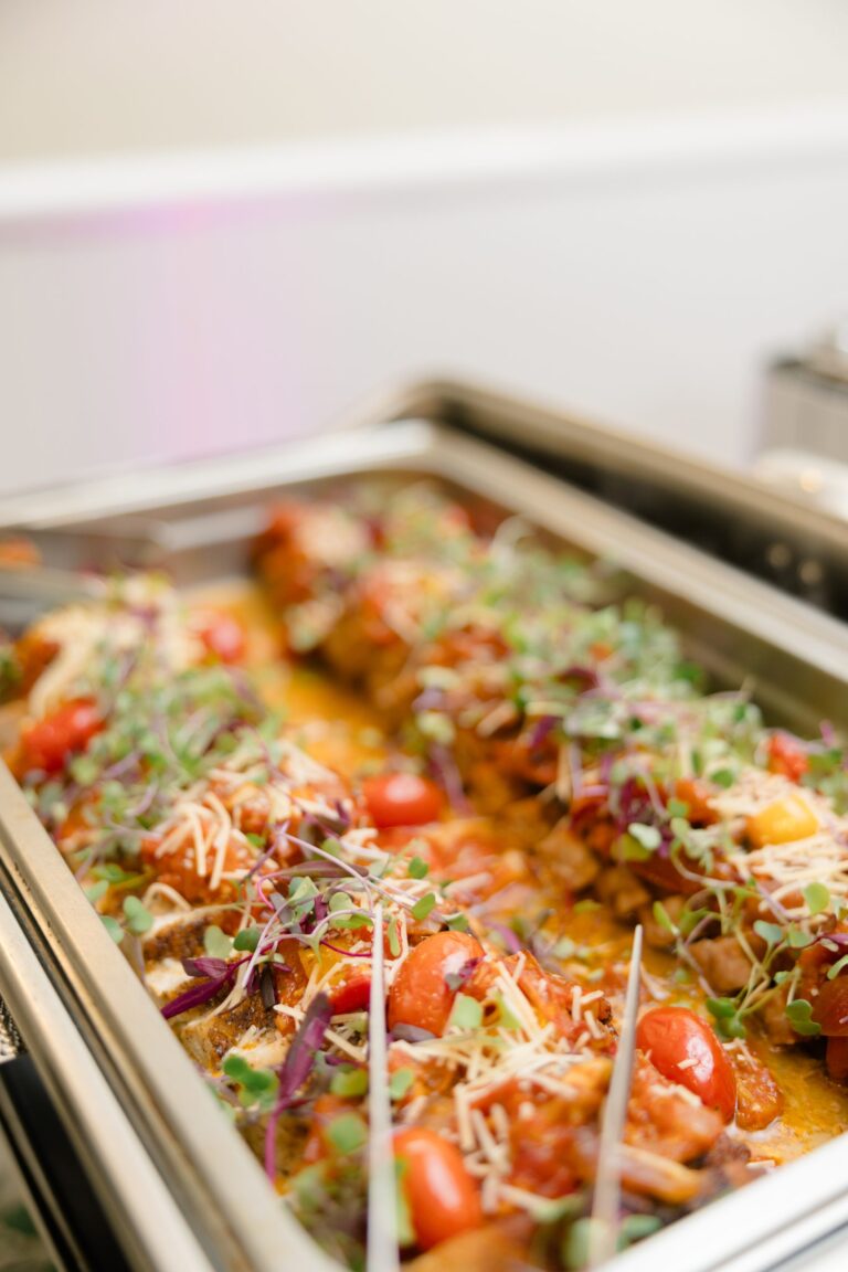 Hors d'oeuvres in a chafing dish by 128 South Catering
